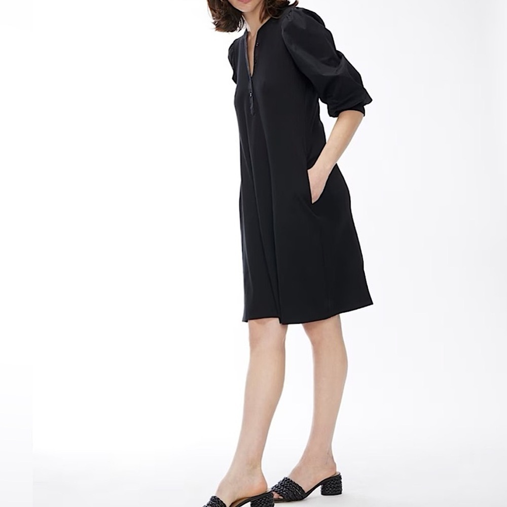 Chico’s Knit Mix Sleeve‎ Henley Dress Cotton-Stretch Black 4